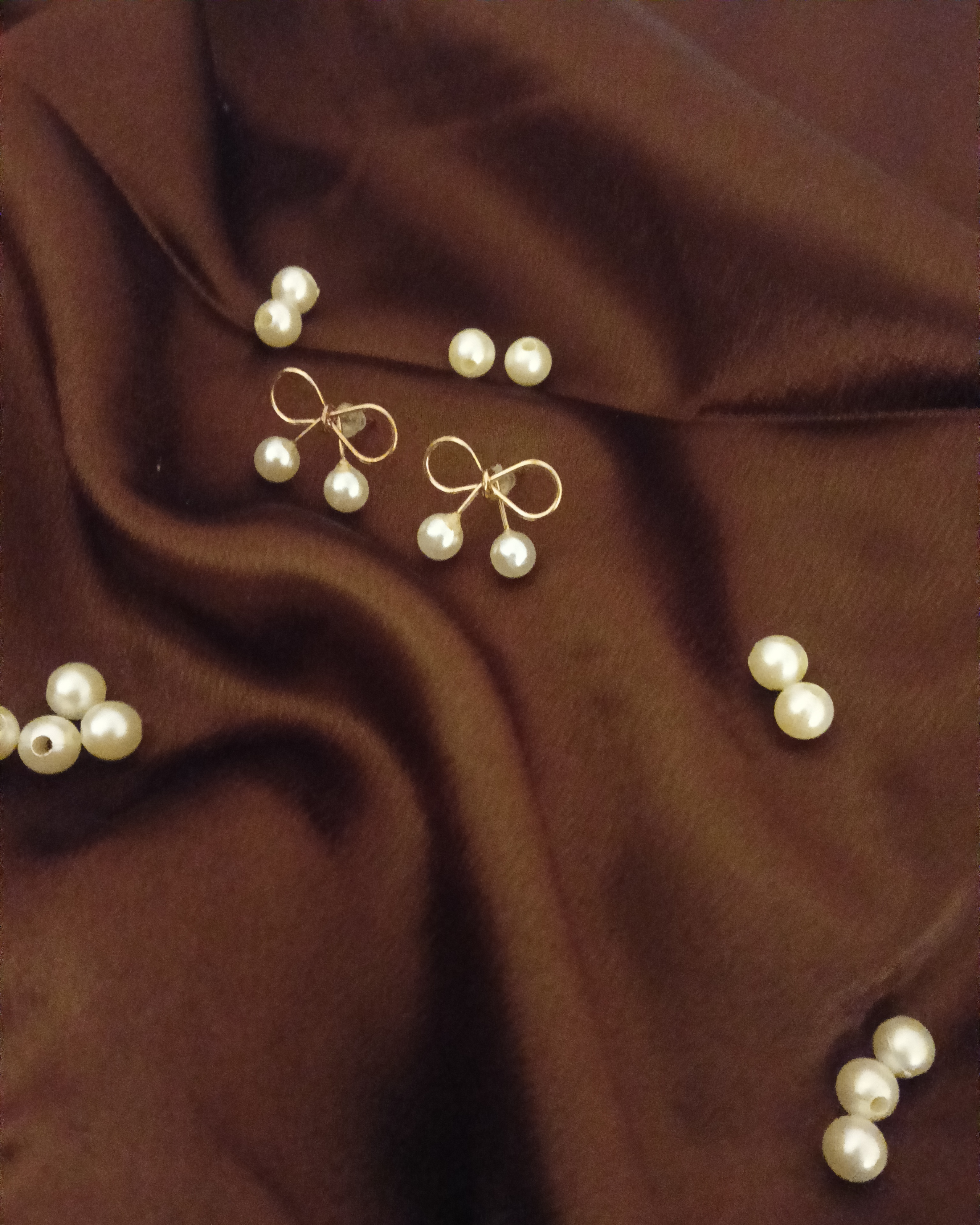 Korean Bow Tie Golden Pearl Earrings