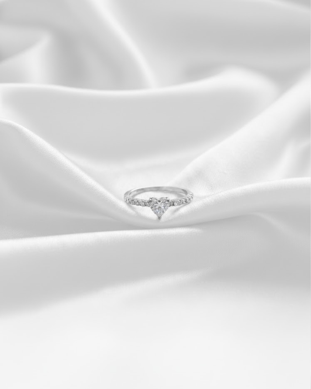 Moissanite Ring with Heart-Shaped Stone and Pavé Band