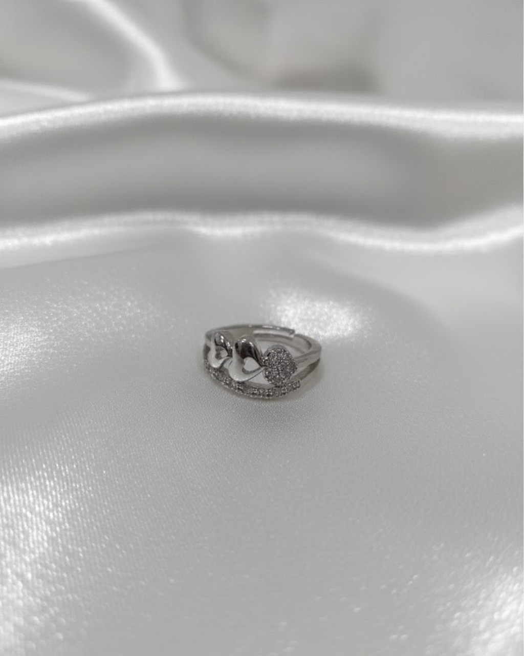 Adjustable Silver Heart Ring with Cubic Zirconia Stones