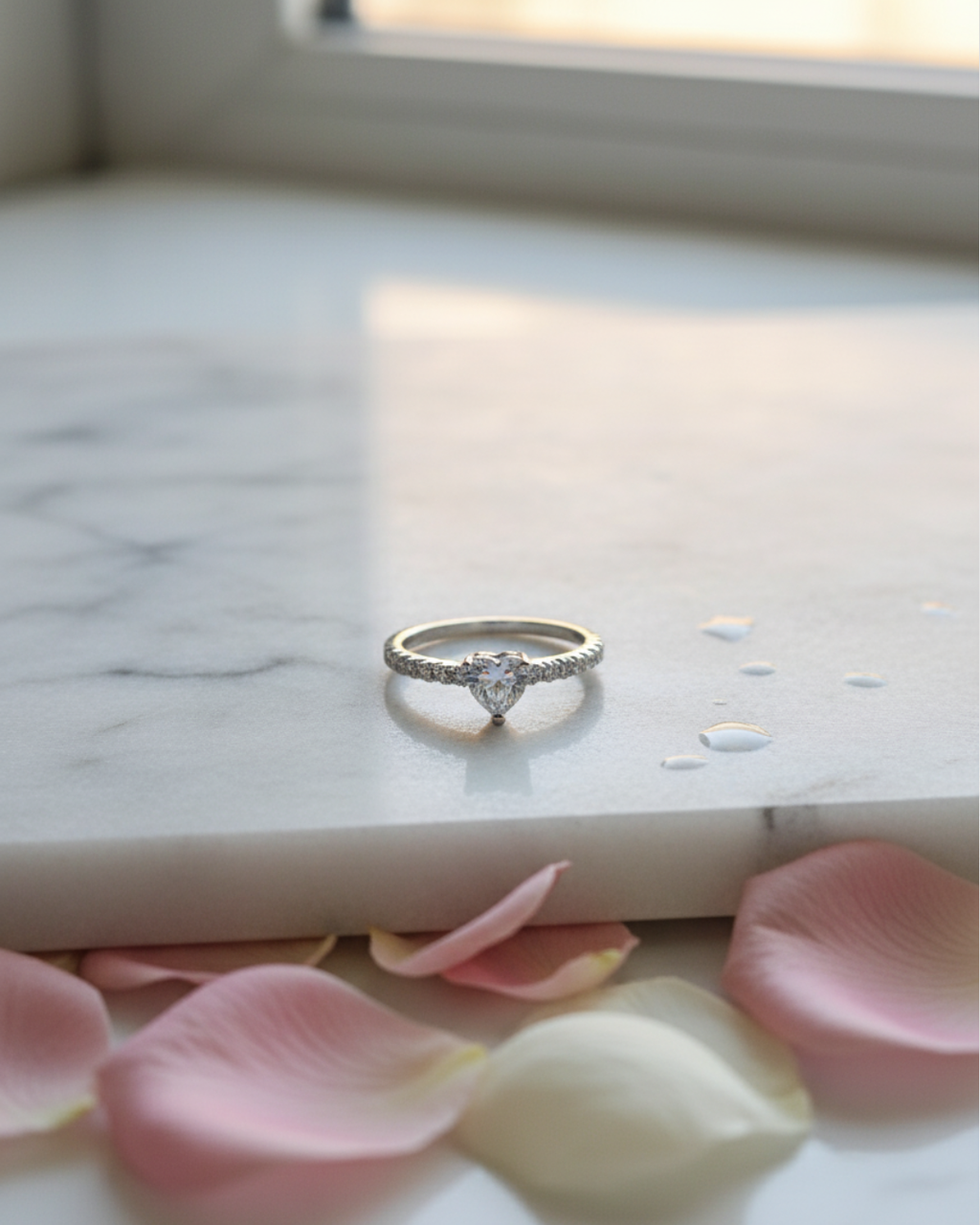 Moissanite Ring with Heart-Shaped Stone and Pavé Band