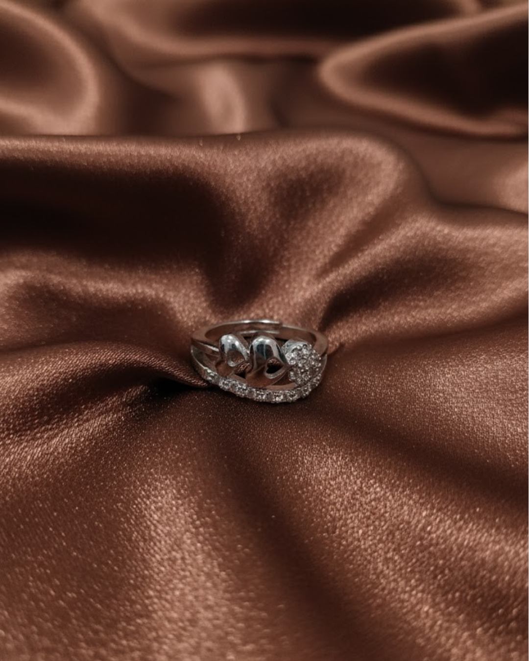 Adjustable Silver Heart Ring with Cubic Zirconia Stones