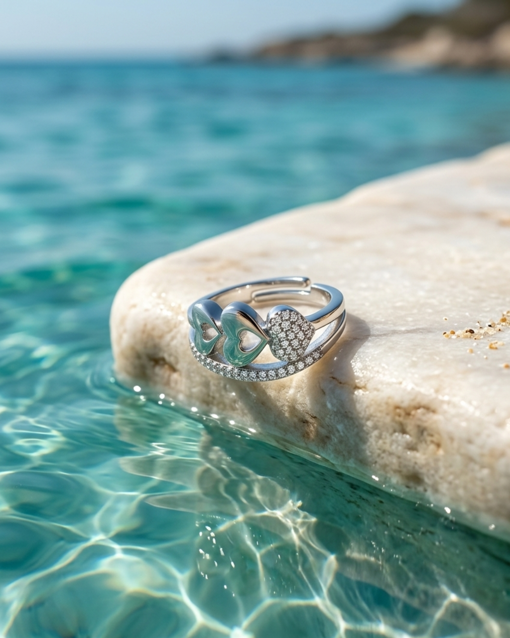 Adjustable Silver Heart Ring with Cubic Zirconia Stones
