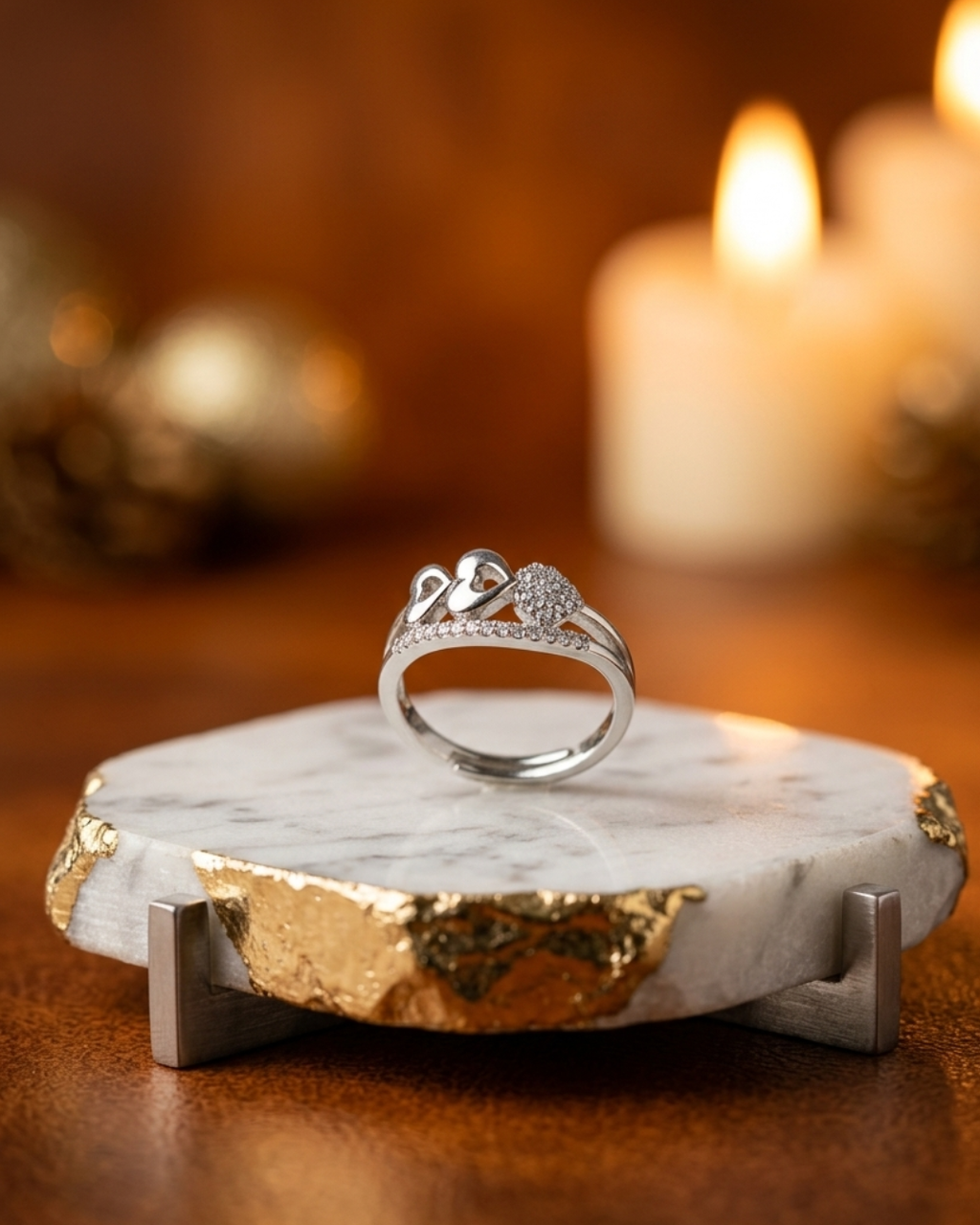 Adjustable Silver Heart Ring with Cubic Zirconia Stones