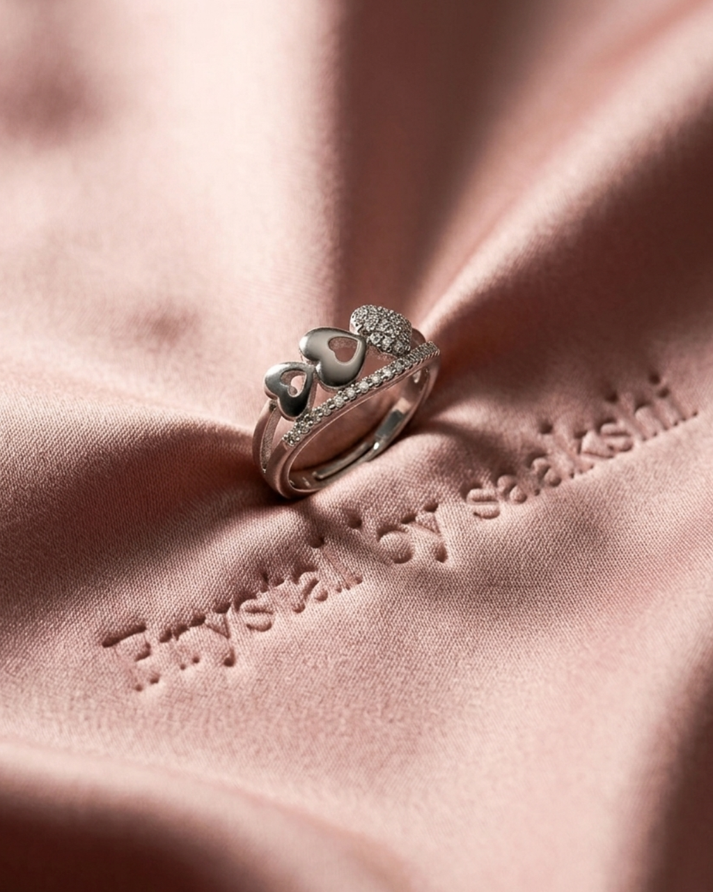Adjustable Silver Heart Ring with Cubic Zirconia Stones