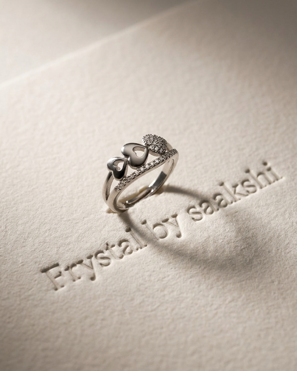 Adjustable Silver Heart Ring with Cubic Zirconia Stones