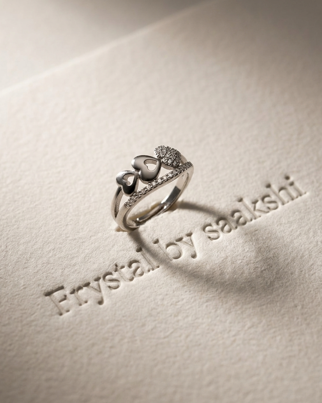 Adjustable Silver Heart Ring with Cubic Zirconia Stones