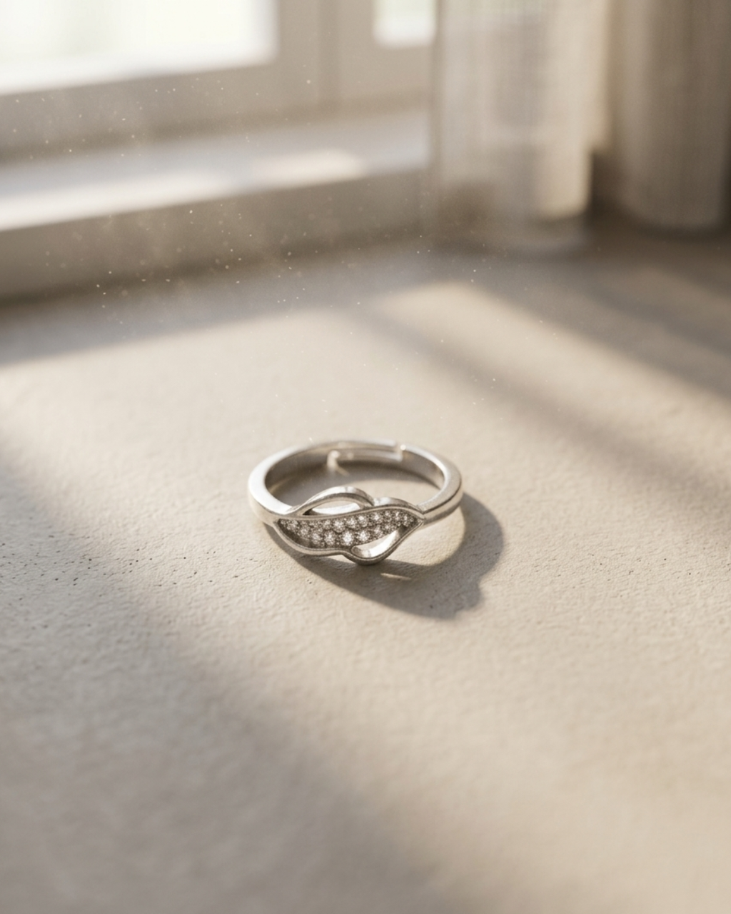 Silver Adjustable Leaf Ring with Cubic Zirconia Stones
