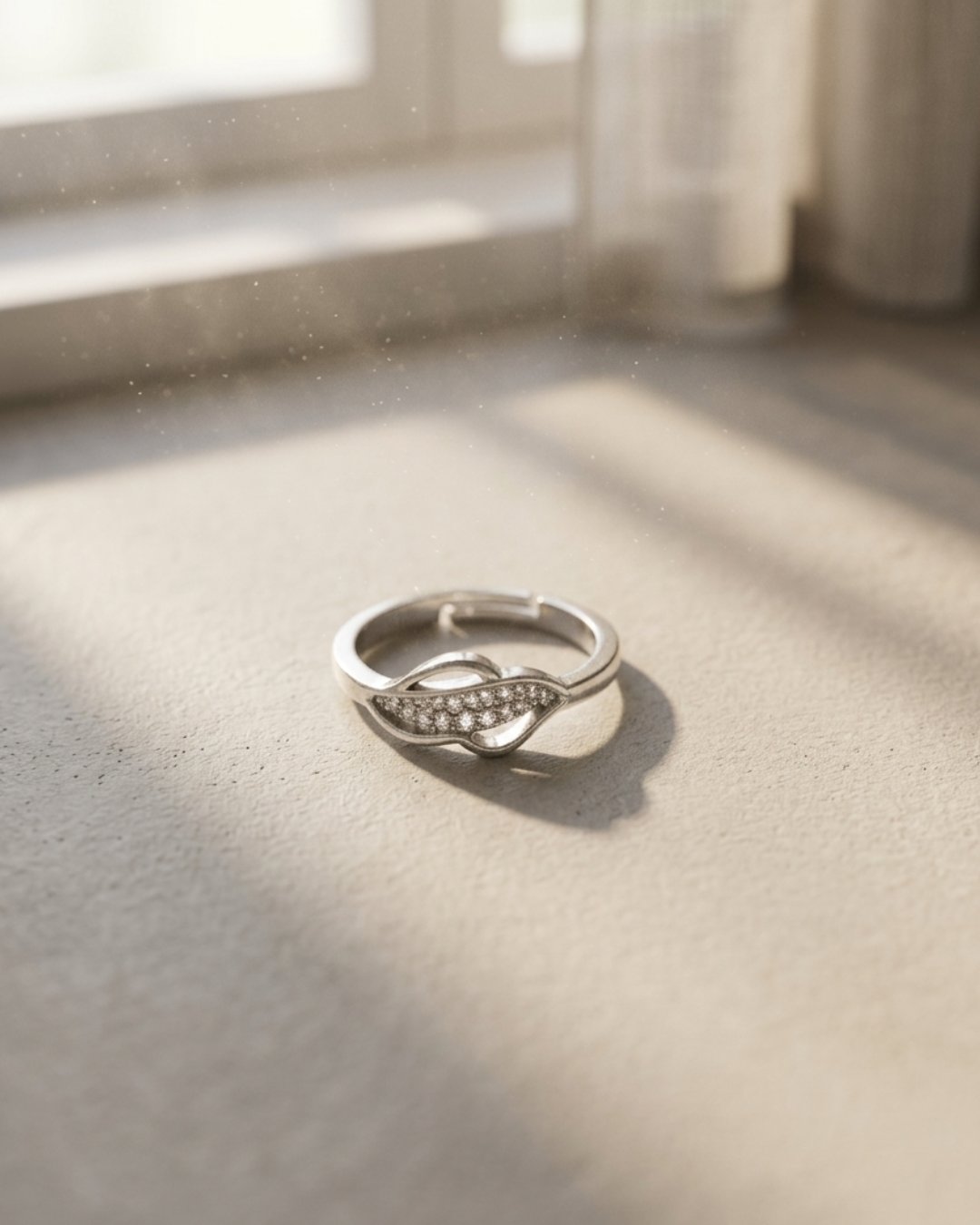 Silver Adjustable Leaf Ring with Cubic Zirconia Stones
