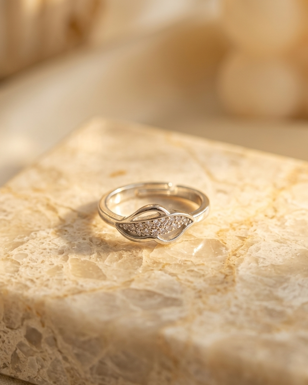 Silver Adjustable Leaf Ring with Cubic Zirconia Stones