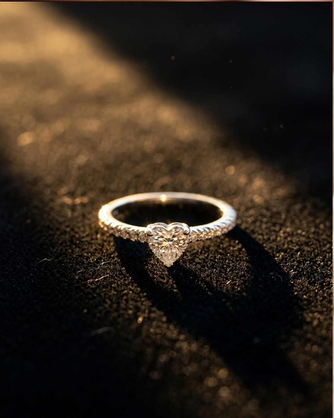 Moissanite Ring with Heart-Shaped Stone and Pavé Band