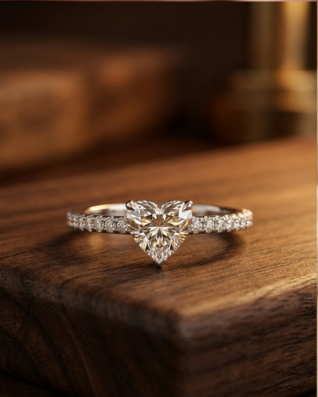 Moissanite Ring with Heart-Shaped Stone and Pavé Band