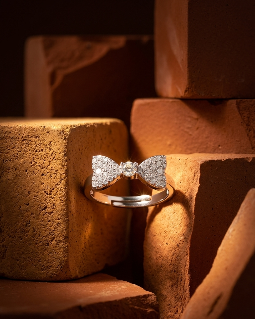 Sterling Silver Adjustable Bow Ring with Cubic Zirconia Stones