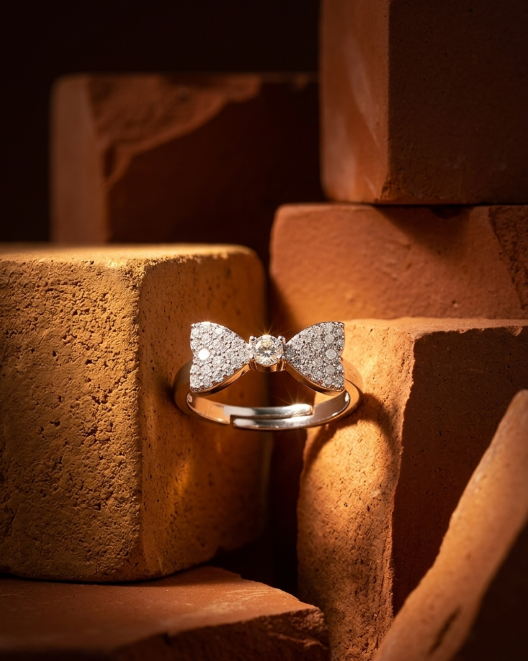 Sterling Silver Adjustable Bow Ring with Cubic Zirconia Stones