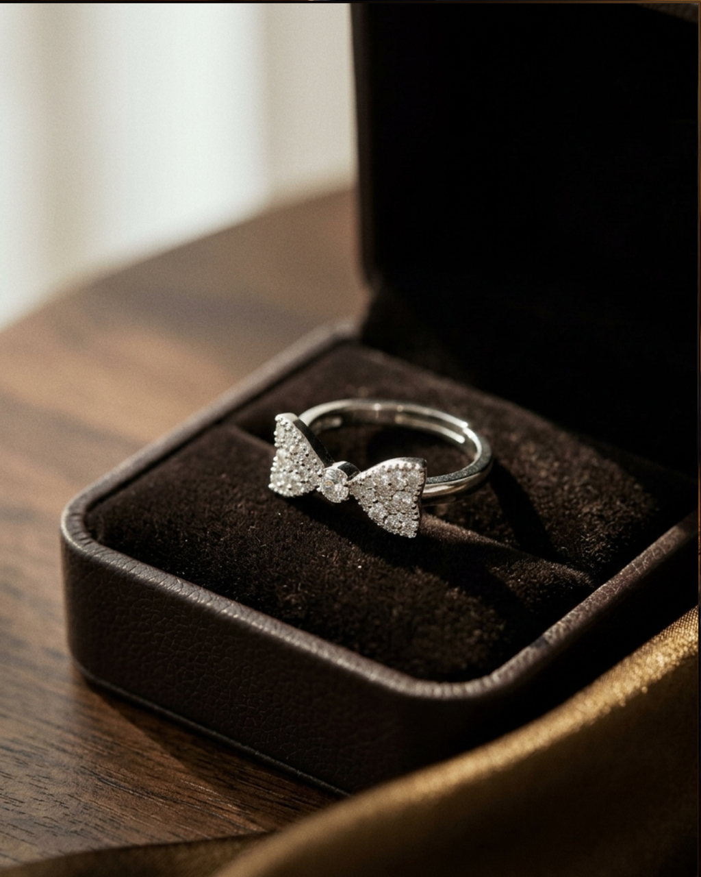 Sterling Silver Adjustable Bow Ring with Cubic Zirconia Stones