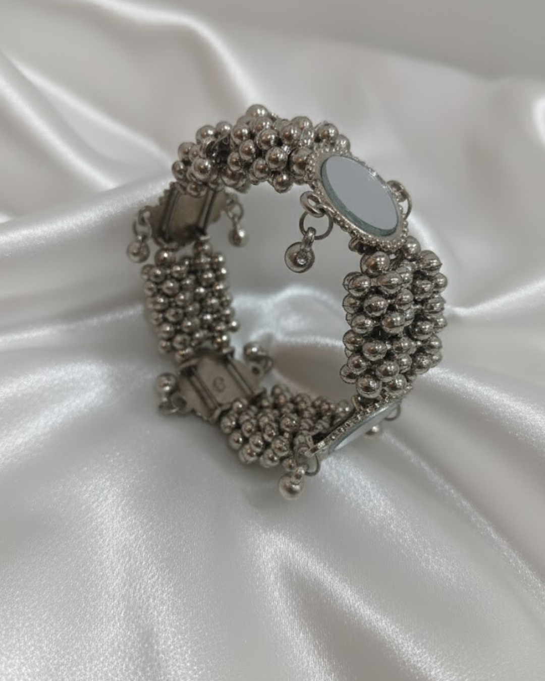 Oxidized Silver Bracelet with Mirrors and Jhumka Style Bells