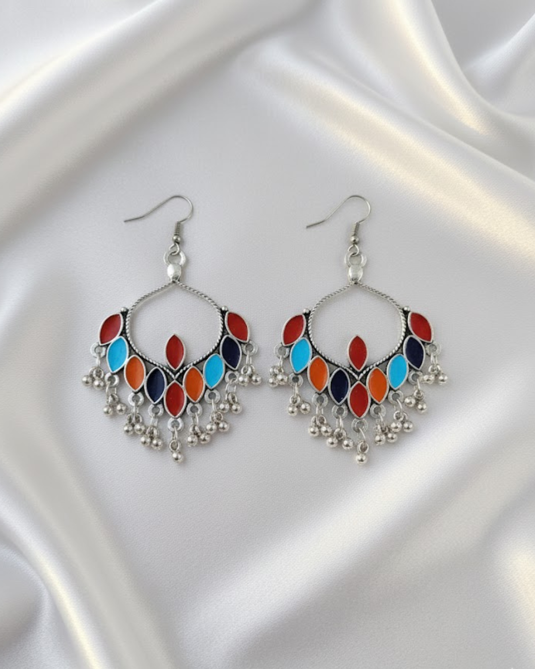 Afghani Multicoloured Enamel Chandelier Earrings with Ghungroo Beads