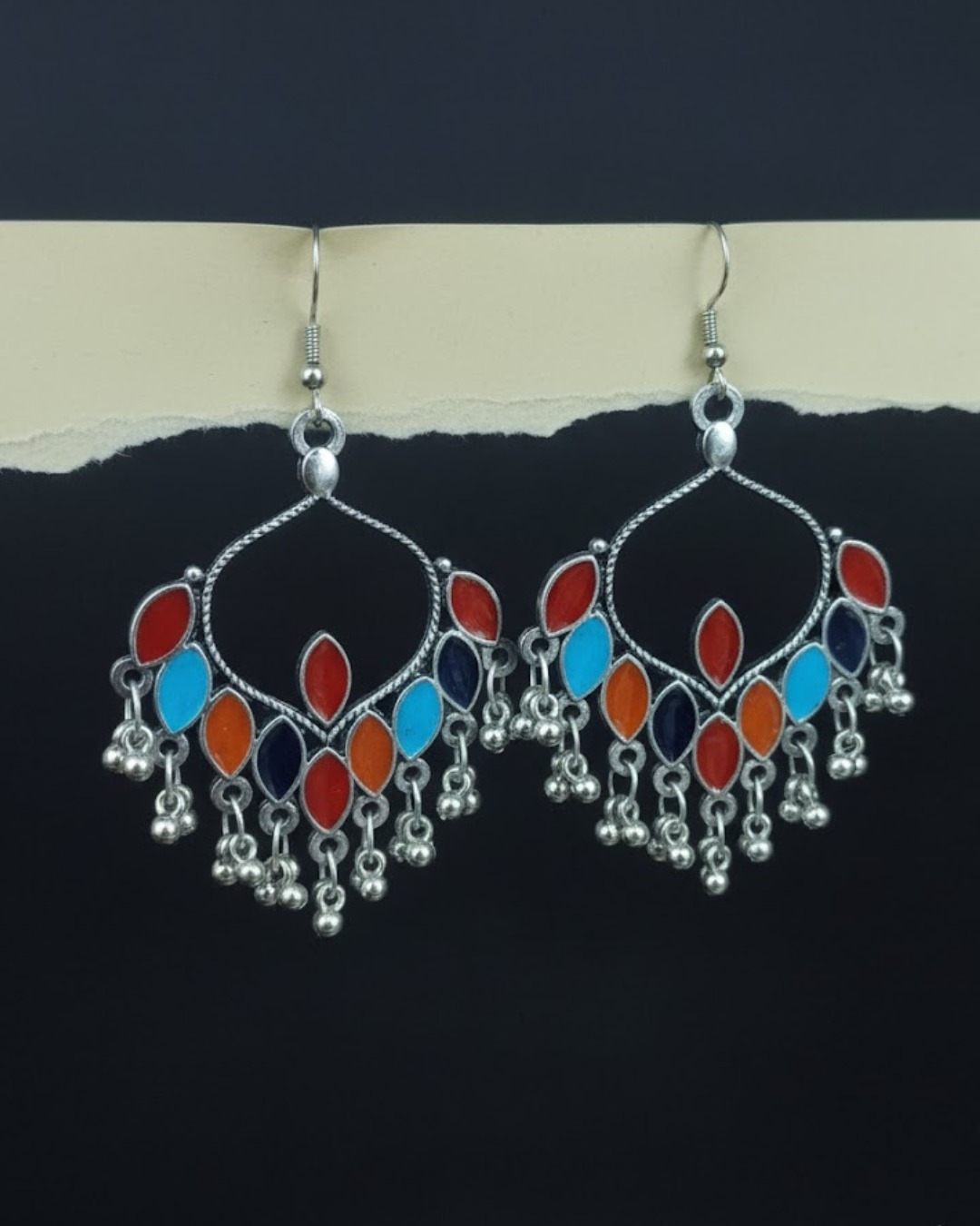 Afghani Multicoloured Enamel Chandelier Earrings with Ghungroo Beads
