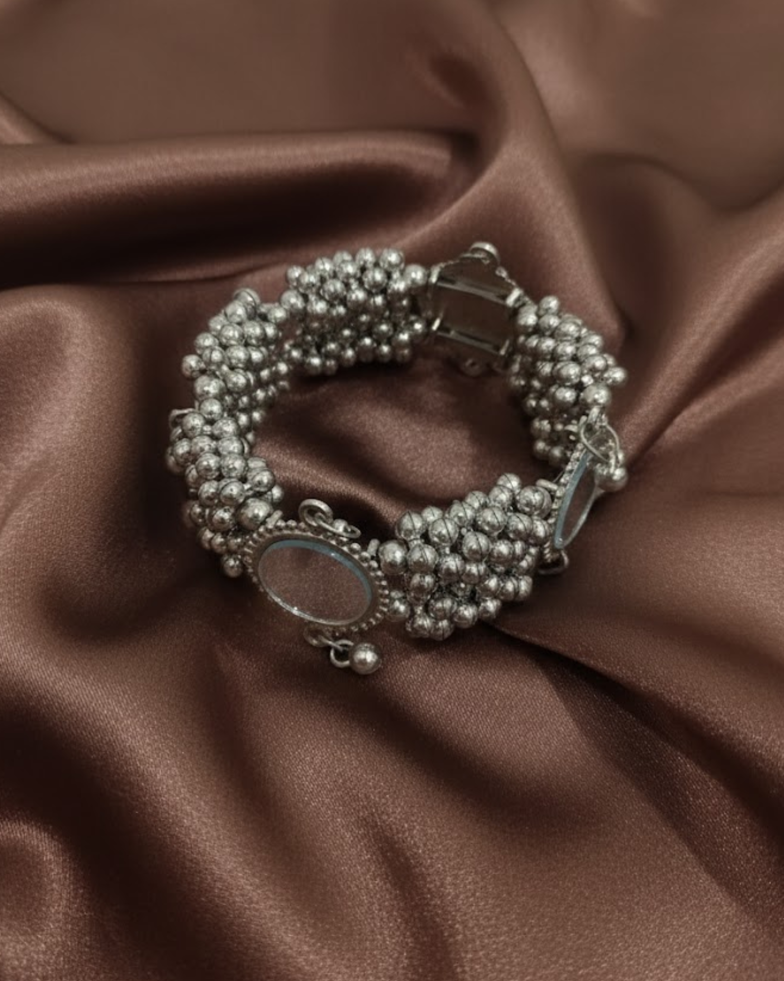 Oxidized Silver Bracelet with Mirrors and Jhumka Style Bells