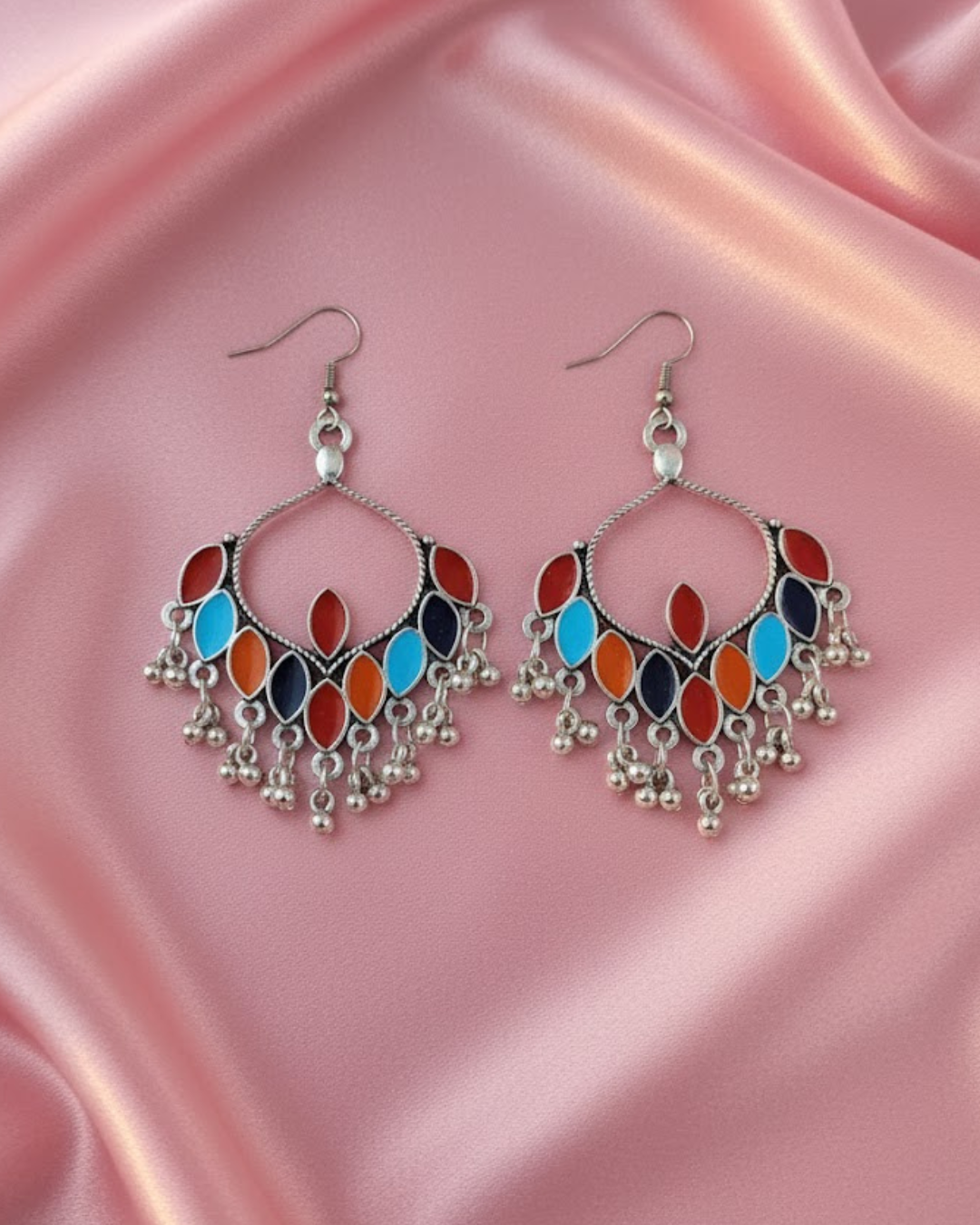 Afghani Multicoloured Enamel Chandelier Earrings with Ghungroo Beads