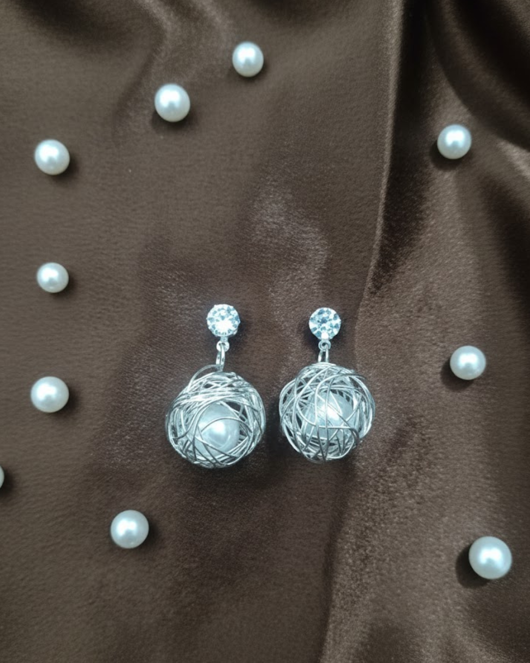 White Pearl Cage and Crystal Drop Design Earrings