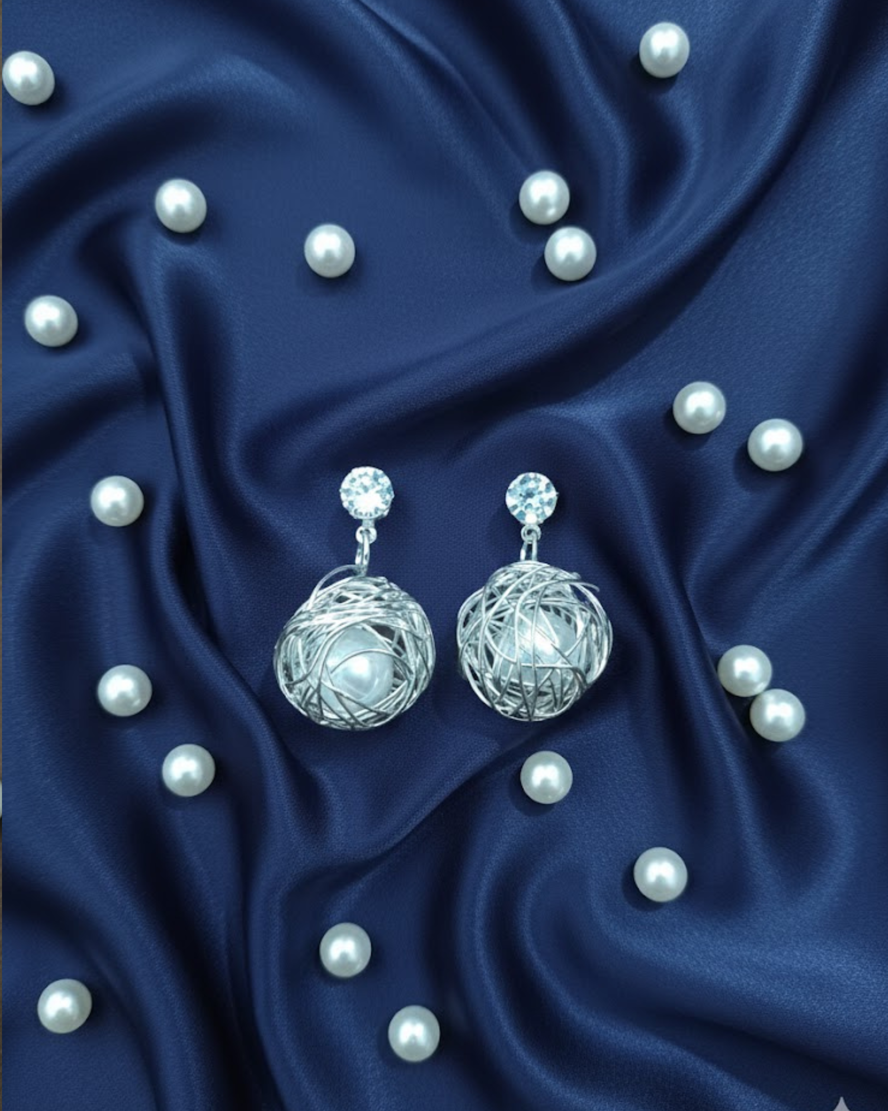 White Pearl Cage and Crystal Drop Design Earrings