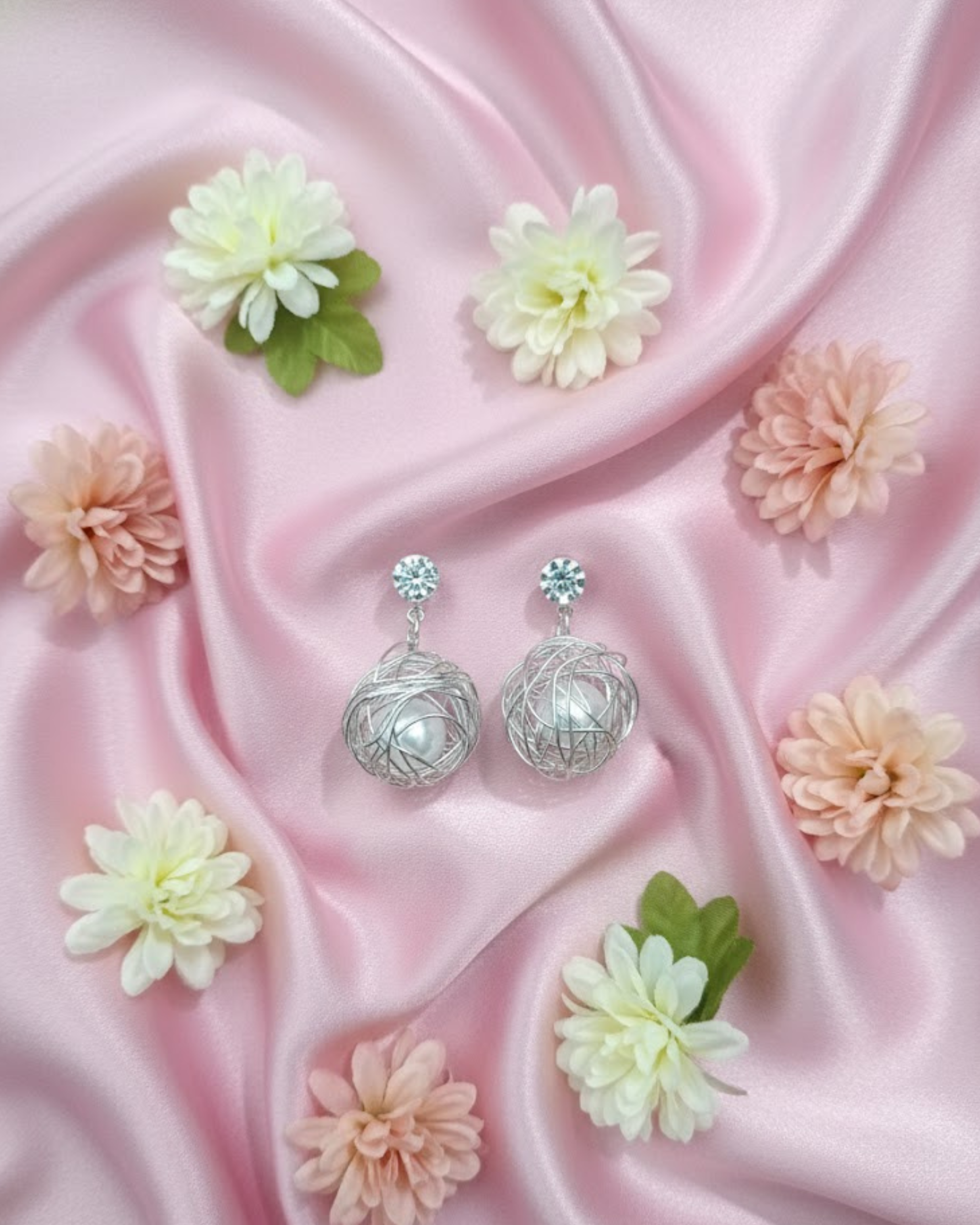 White Pearl Cage and Crystal Drop Design Earrings