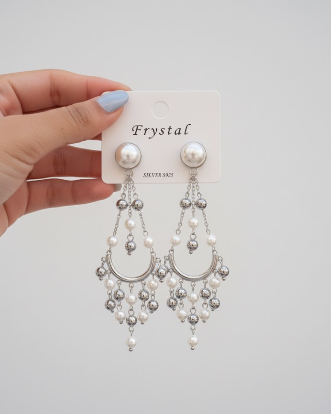 Pair of Silver Toned Chandelier Earrings with Pearl Beads