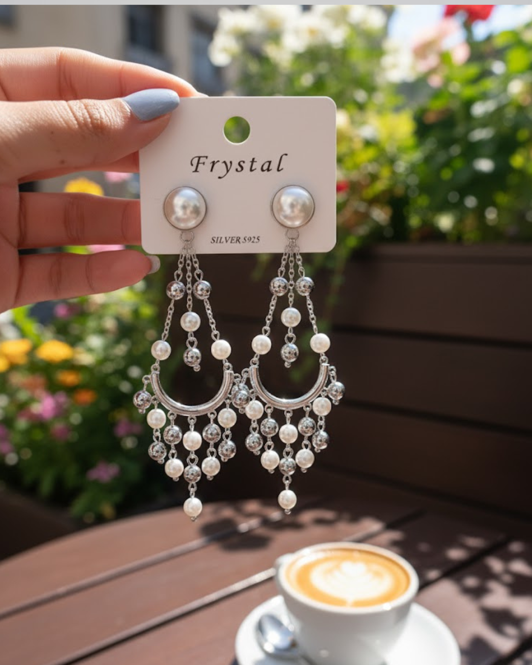 Pair of Silver Toned Chandelier Earrings with Pearl Beads