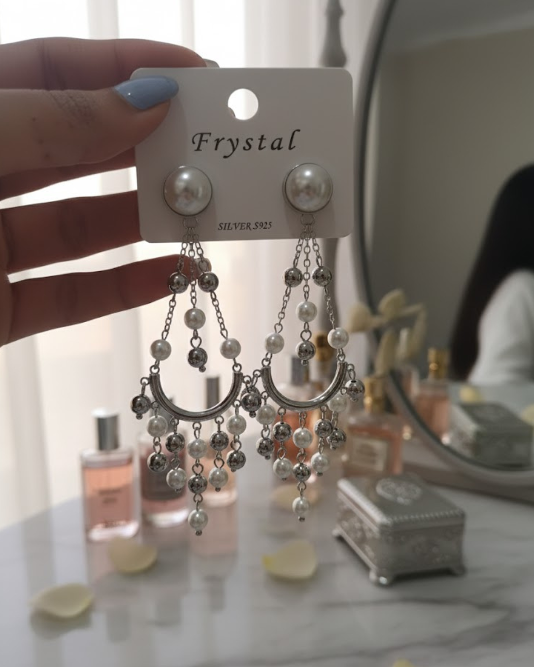 Pair of Silver Toned Chandelier Earrings with Pearl Beads