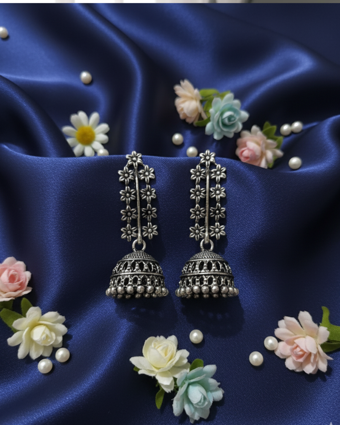 Oxidized Silver Jhumka Earrings With Floral Design