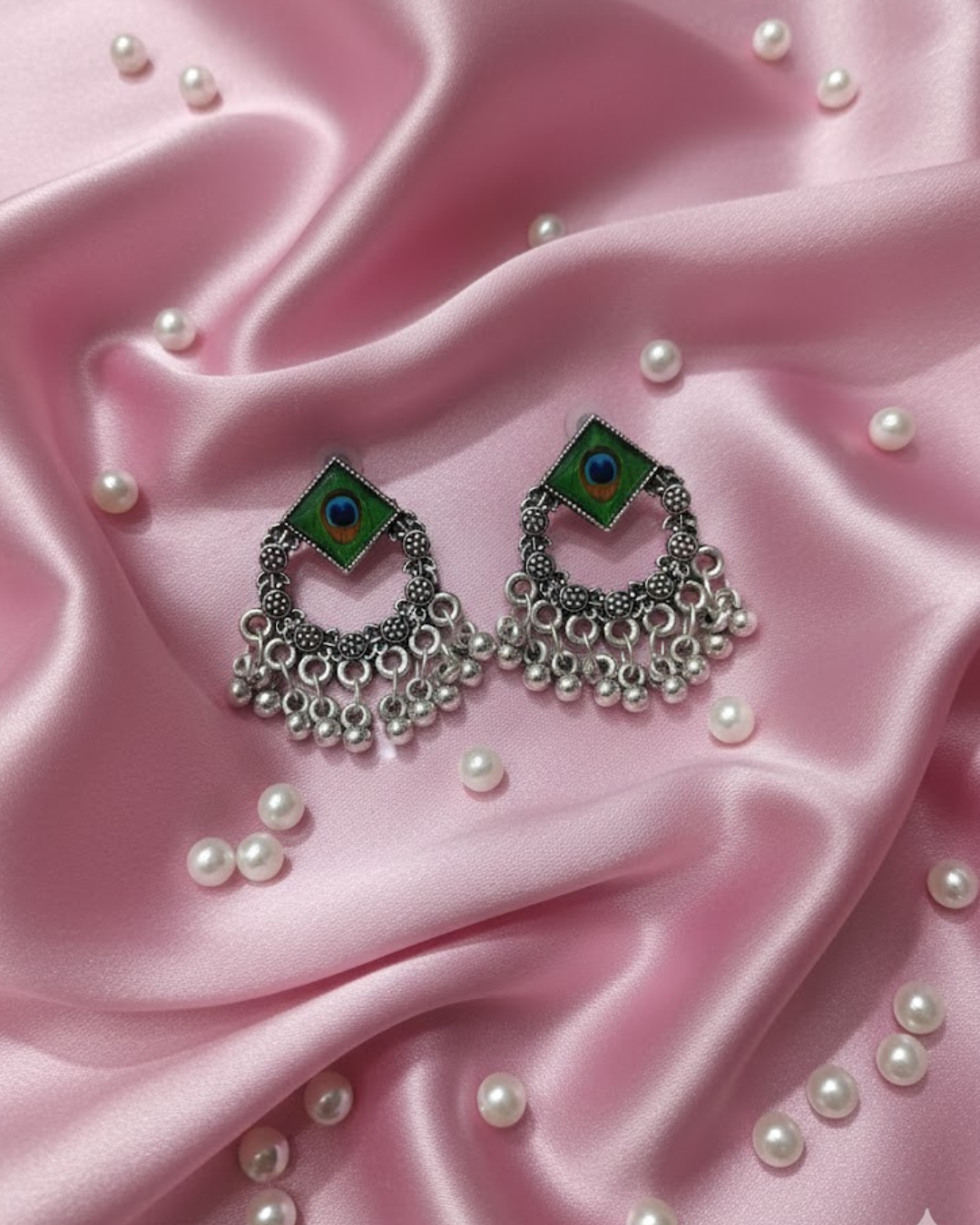 Oxidised Silver Peacock Jhumka Earrings