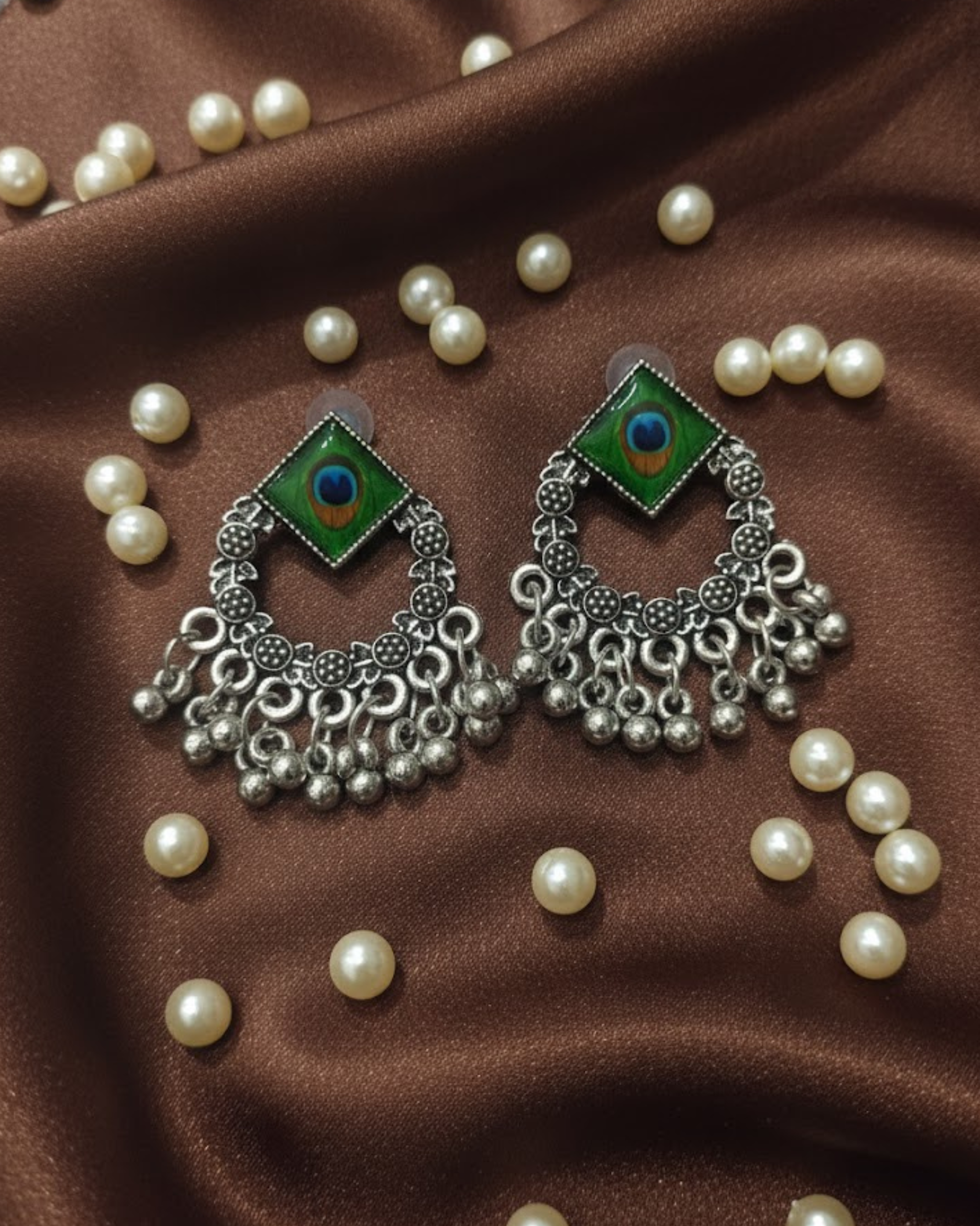 Oxidised Silver Peacock Jhumka Earrings