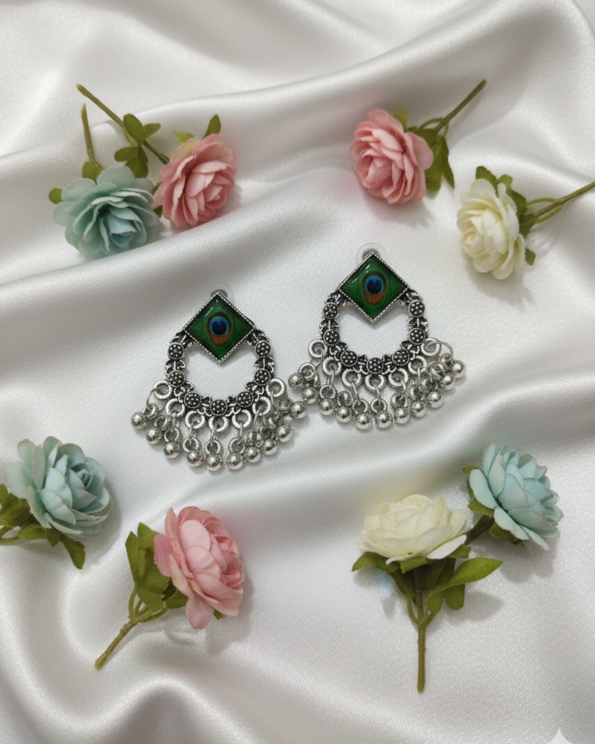 Oxidised Silver Peacock Jhumka Earrings