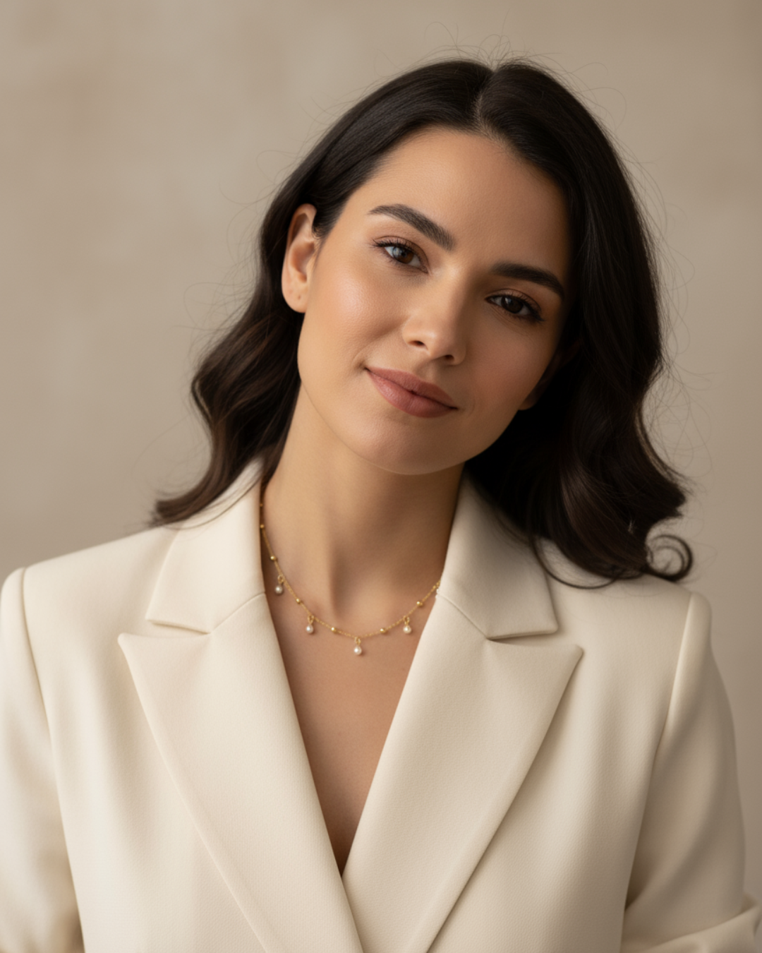 Gold-plated string necklace with tiny pearls and shells